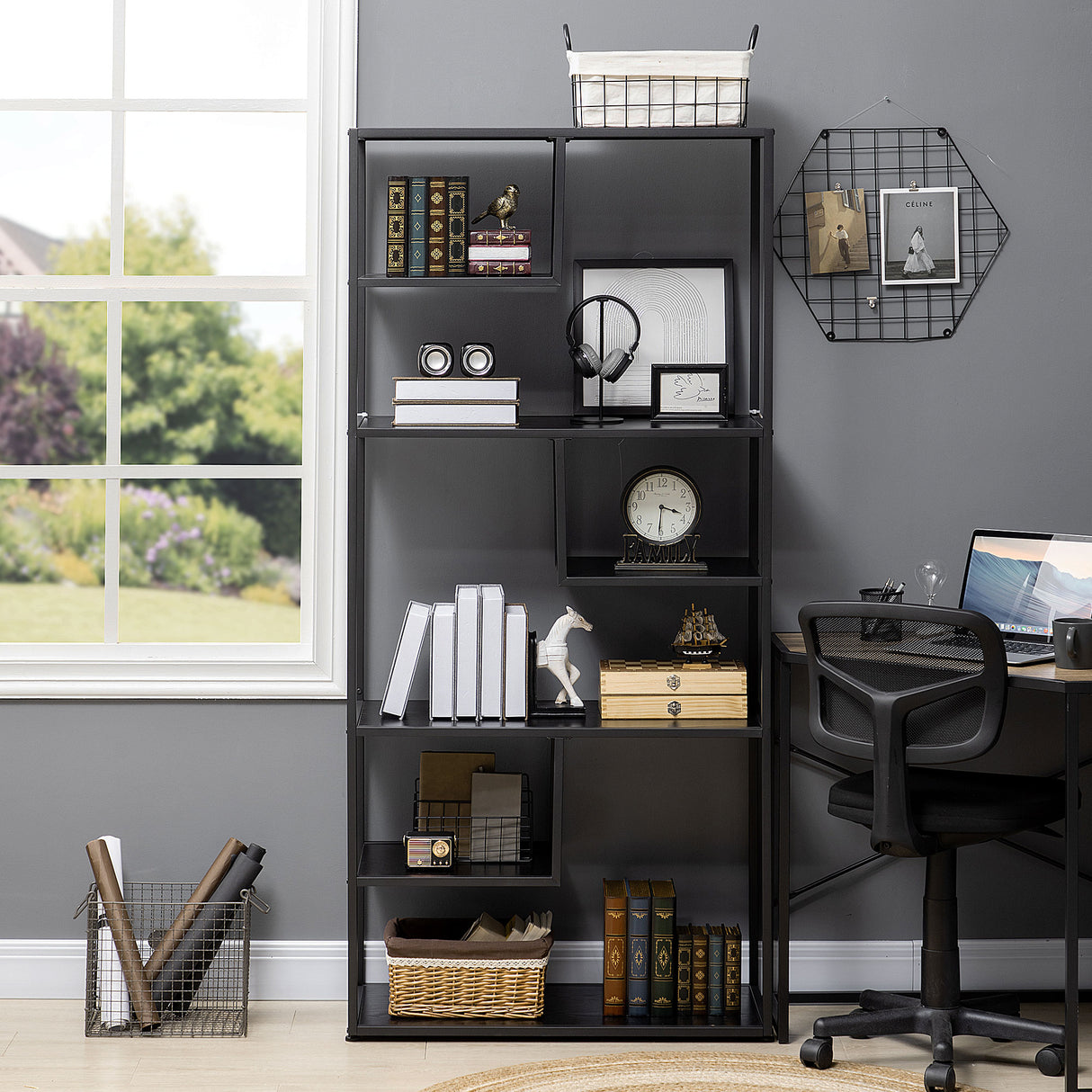 easycomfort easycomfort mobile libreria a 7 livelli in truciolato e acciaio per soggiorno camera da letto e ufficio 83x34x180 cm nero