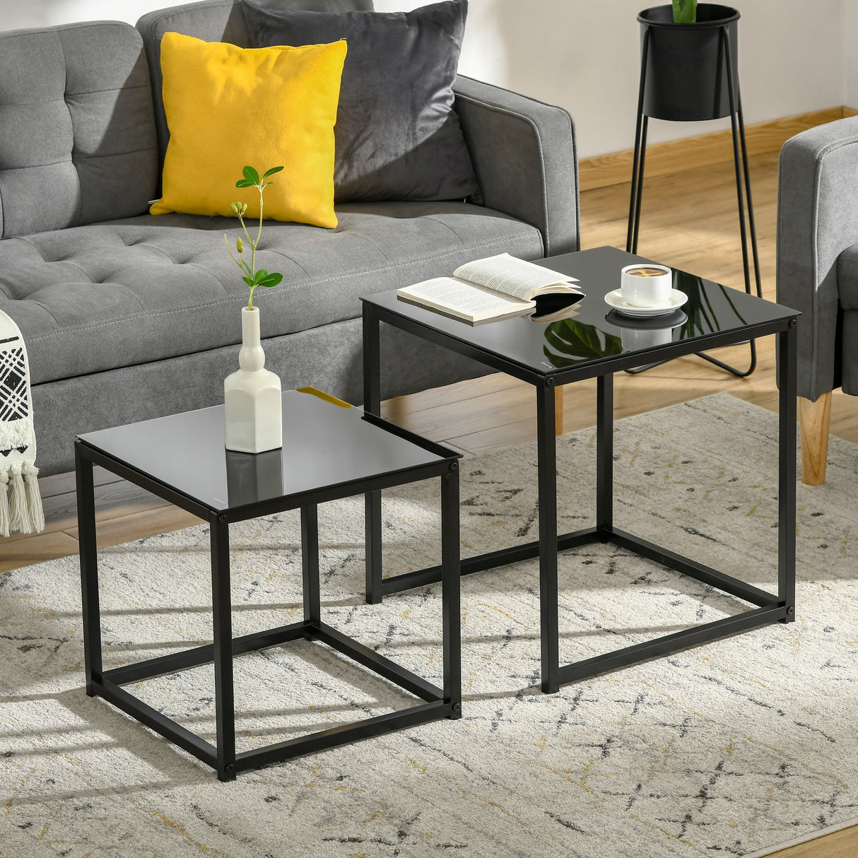 easycomfort easycomfort set 2 tavolini da salotto quadrati moderni in acciaio e vetro temperato nero