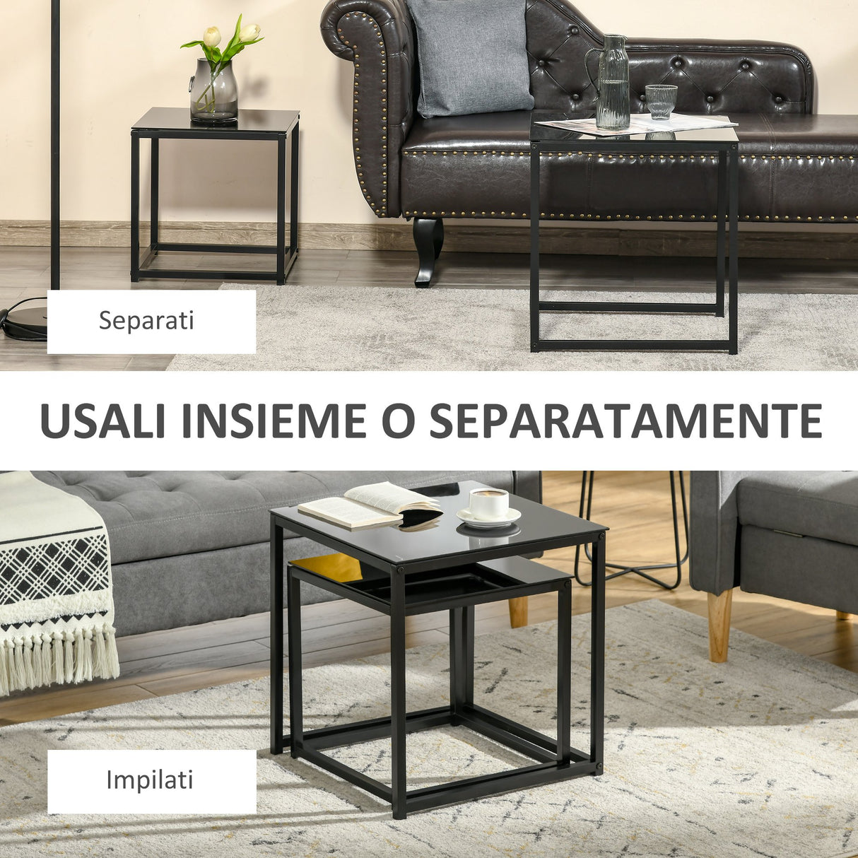 easycomfort easycomfort set 2 tavolini da salotto quadrati moderni in acciaio e vetro temperato nero