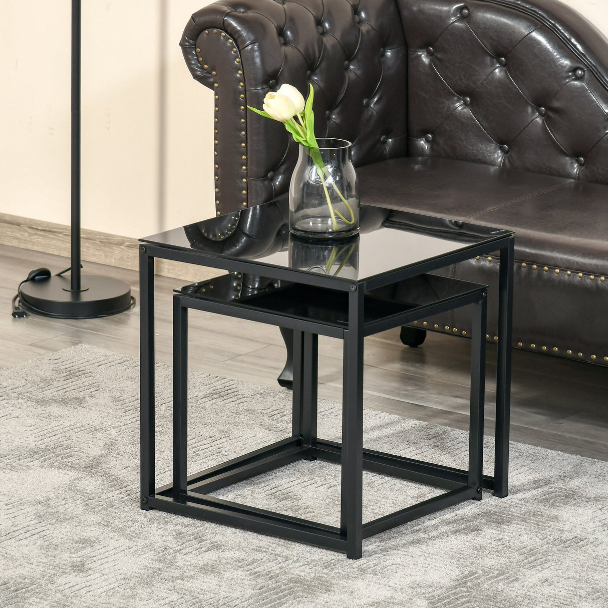 easycomfort easycomfort set 2 tavolini da salotto quadrati moderni in acciaio e vetro temperato nero