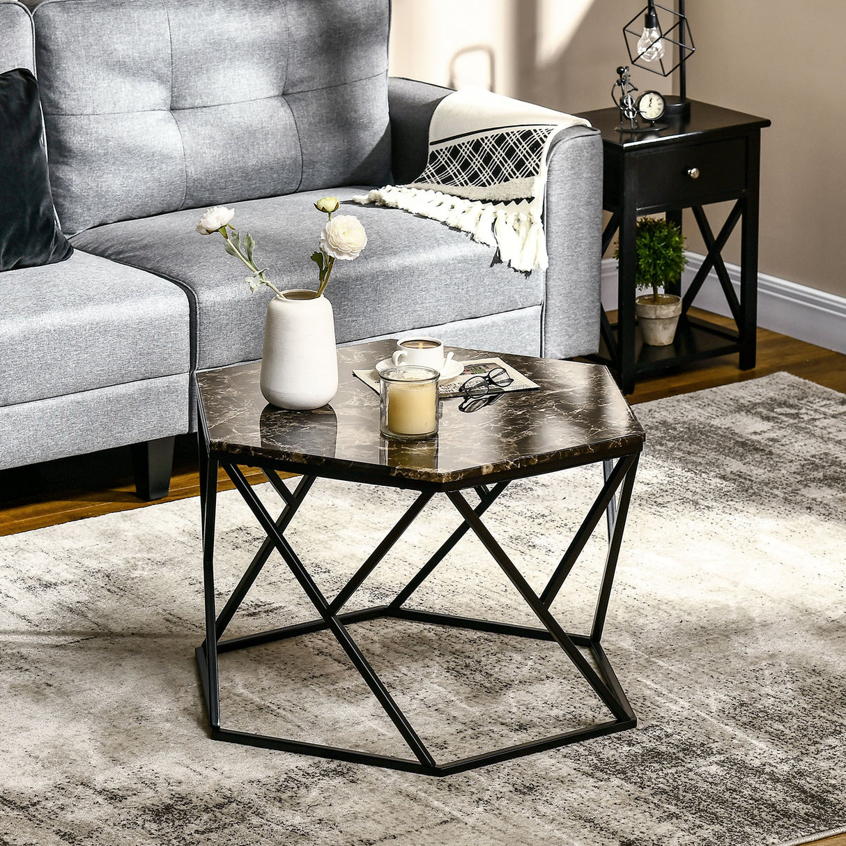 easycomfort easycomfort tavolino da salotto moderno con piano effetto marmo e struttura in mdf e acciaio 81x70x51 2 cm nero