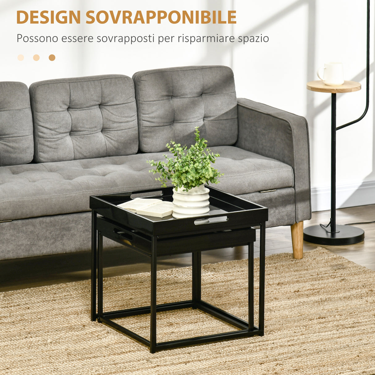 easycomfort easycomfort set da 2 tavolini da caffe impilabili con finitura lucida e telaio in acciaio nero