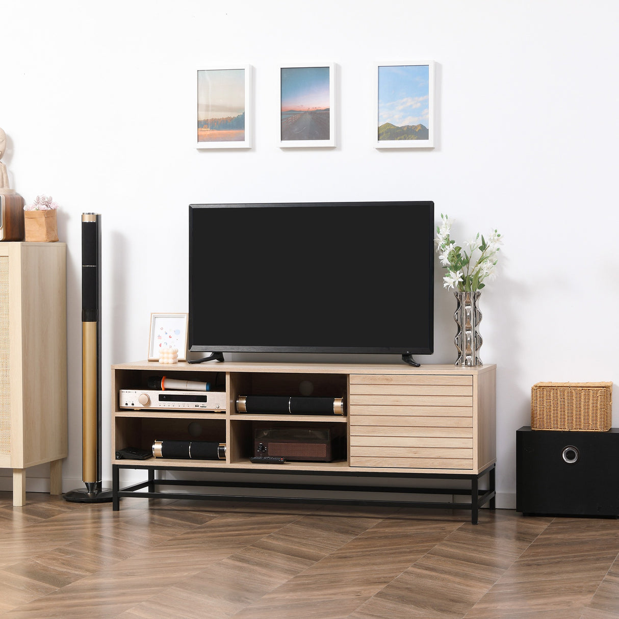 easycomfort easycomfort mobile tv moderno per tv max 60 in mdf e acciaio con 4 ripiani aperti e armadietto a 2 livelli 140x40x55 3 cm