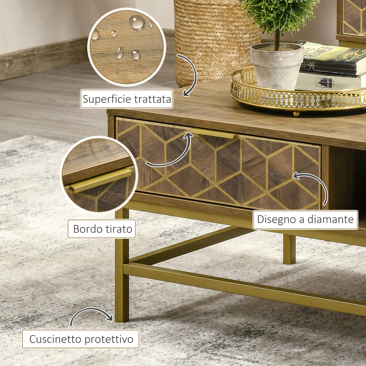easycomfort easycomfort tavolino da salotto rettangolare con cassetto e 2 ripiani aperti 100x59x42 8cm
