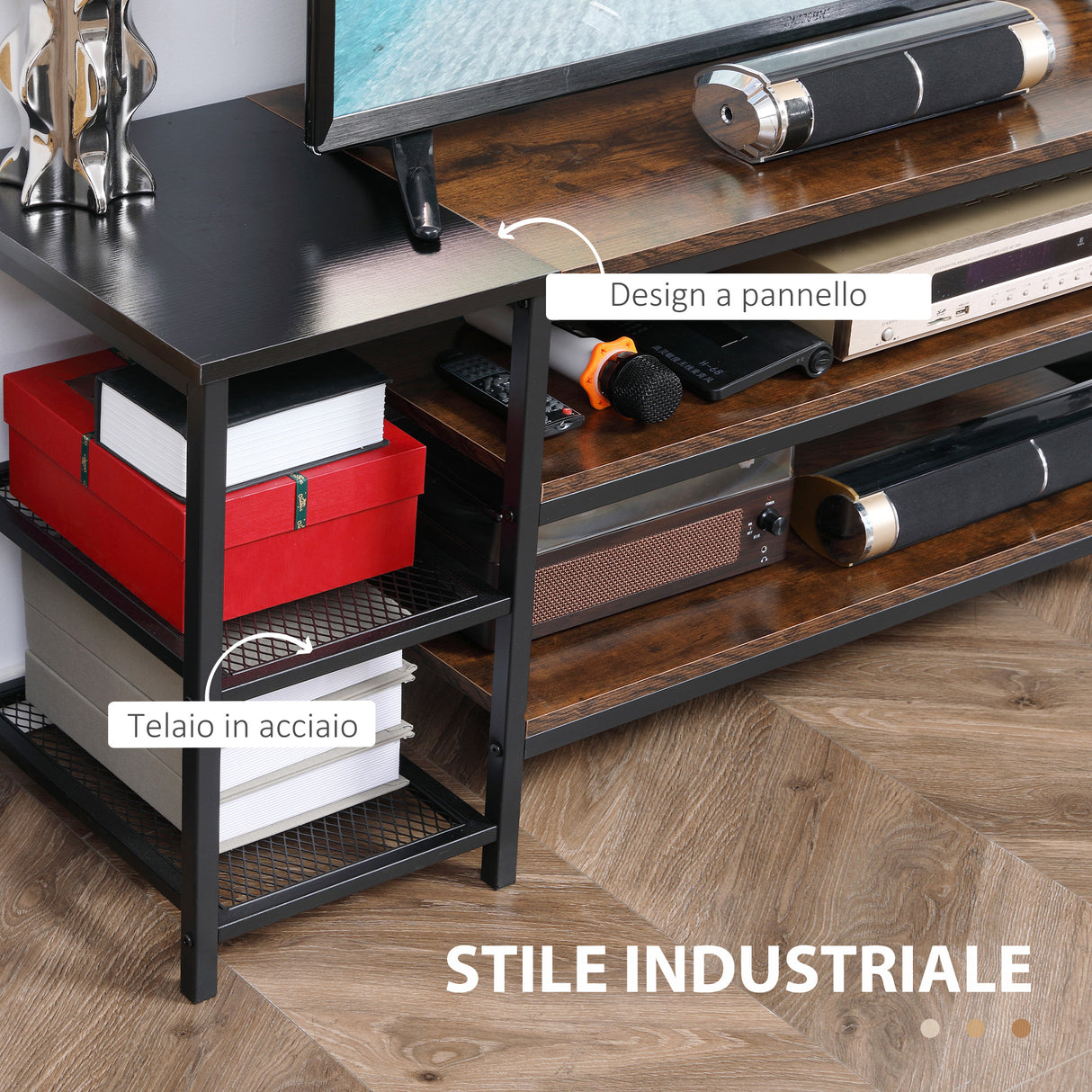 easycomfort easycomfort mobile tv moderno per tv fino a 60 con 6 ripiani aperti in acciaio e truciolato 140x40x50 cm marrone e nero
