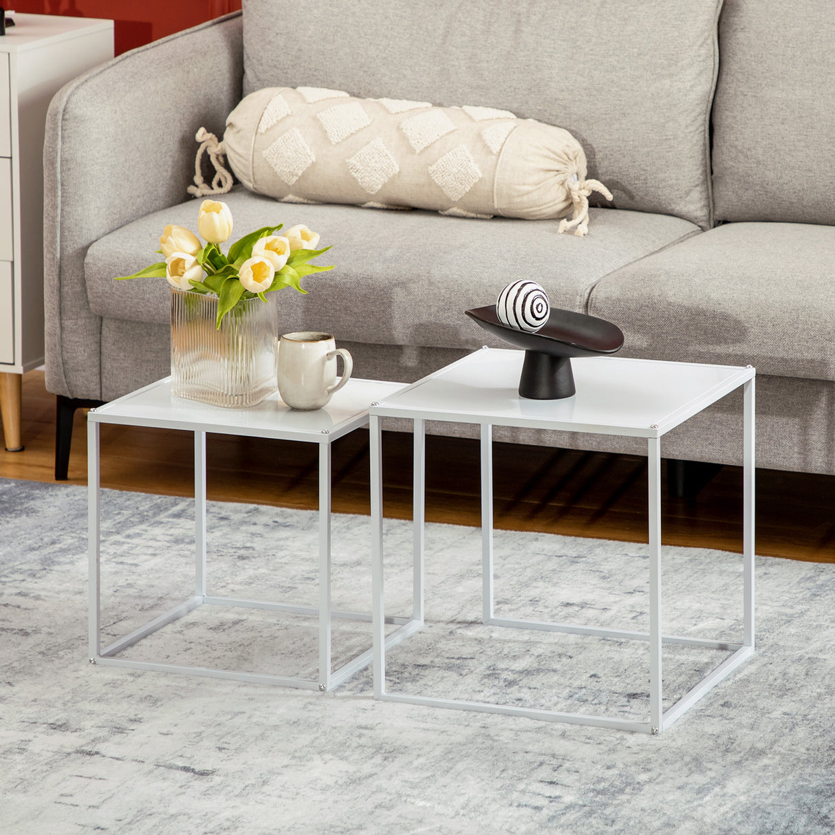 easycomfort easycomfort set 2 tavolini da caffe impilabili quadrati in acciaio bianco