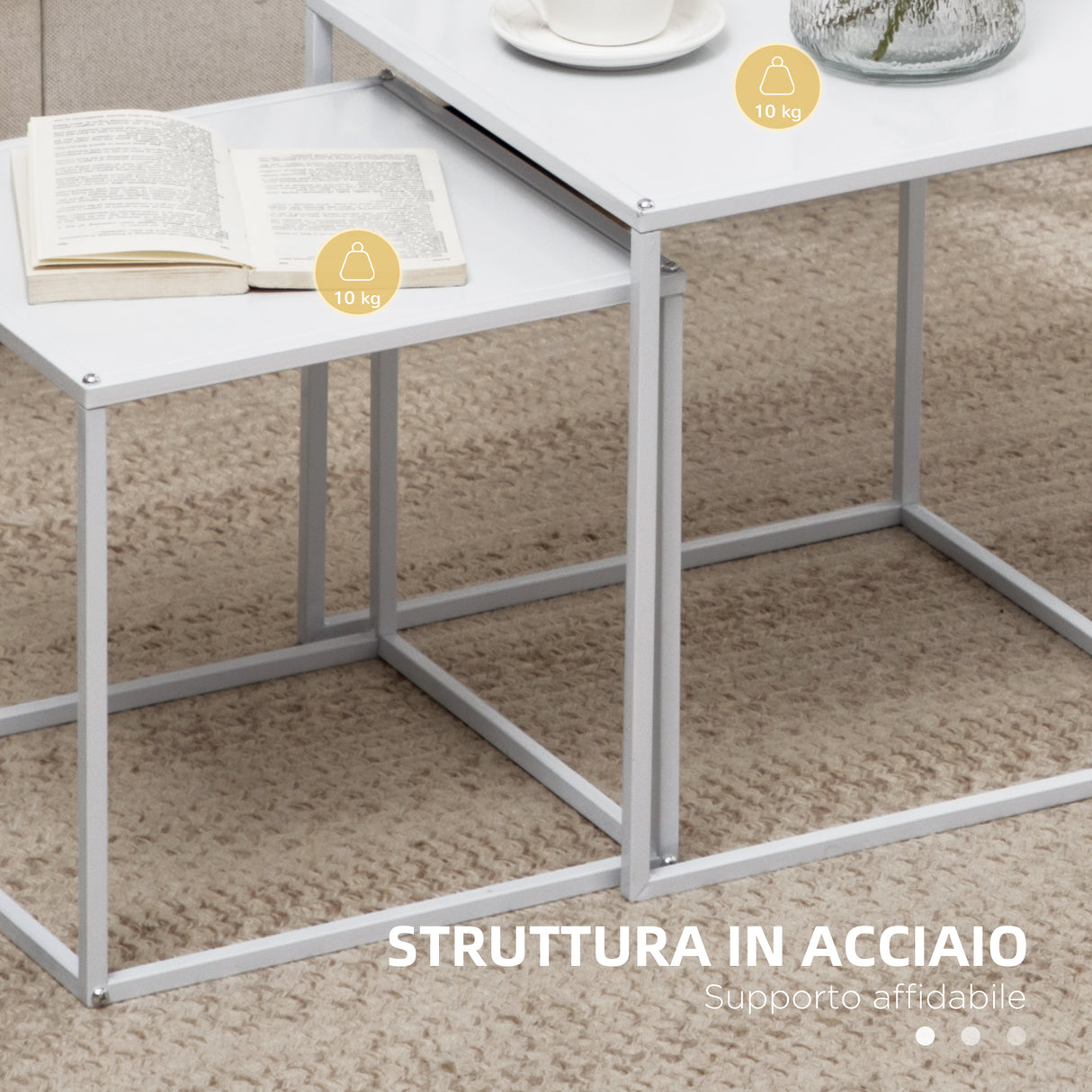 easycomfort easycomfort set 2 tavolini da caffe impilabili quadrati in acciaio bianco