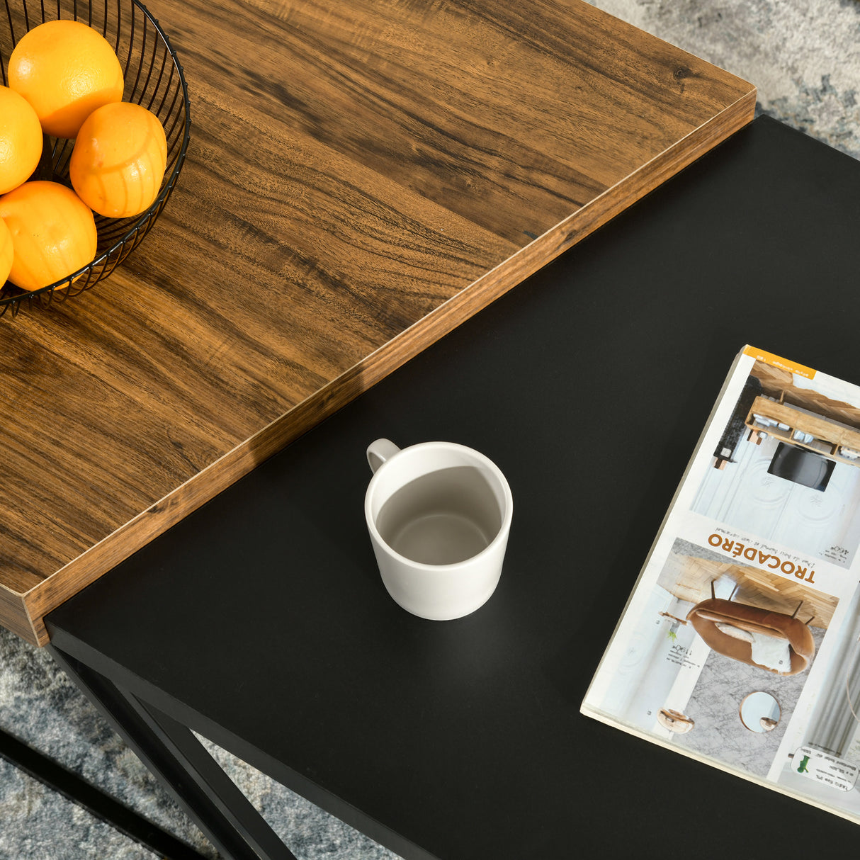 easycomfort easycomfort set 2 tavolini da caffe in truciolato e acciaio tavolo nero 80x60x42 cm e tavolo marrone 60x60x46 cm
