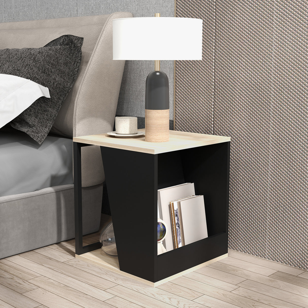 easycomfort easycomfort set da 2 tavolini da caffe con vano porta oggetti in truciolato e acciaio 40x40x45cm nero e quercia