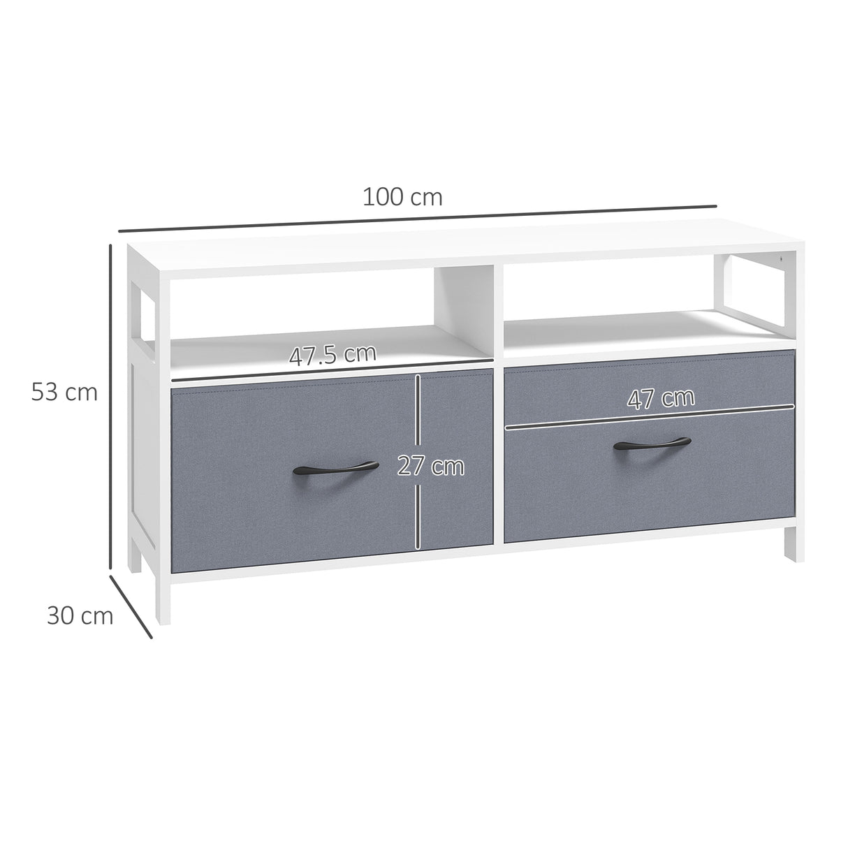 easycomfort easycomfort mobile tv 45 max in mdf e tessuto non tessuto con 2 cassetti e 2 ripiani 100x30x53 cm bianco e grigio