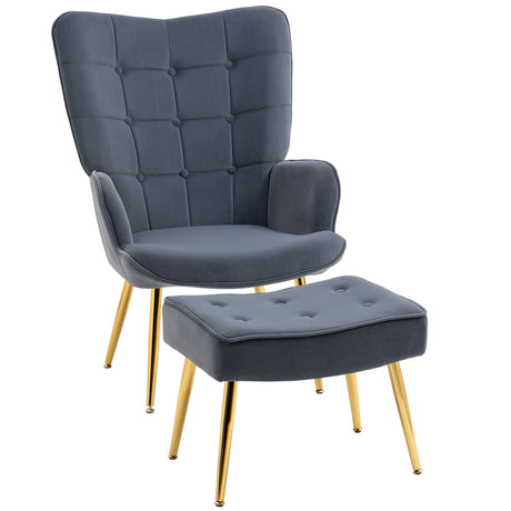 easycomfort easycomfort poltrona moderna con pouf poggiapiedi set vellutato e imbottito con gambe dorate grigio