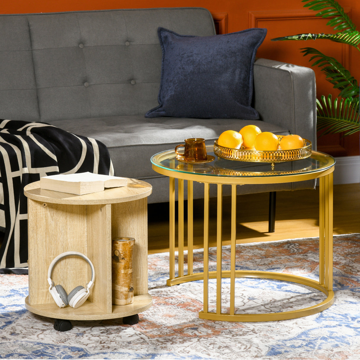 easycomfort easycomfort set 2 tavolini da salotto rotondi con design impilabile 4 ripiani inferiori e 4 ruote oro e rovere