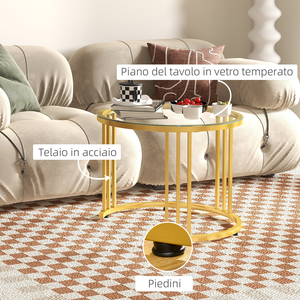 easycomfort easycomfort set 2 tavolini da salotto rotondi con design impilabile 4 ripiani inferiori e 4 ruote oro e rovere