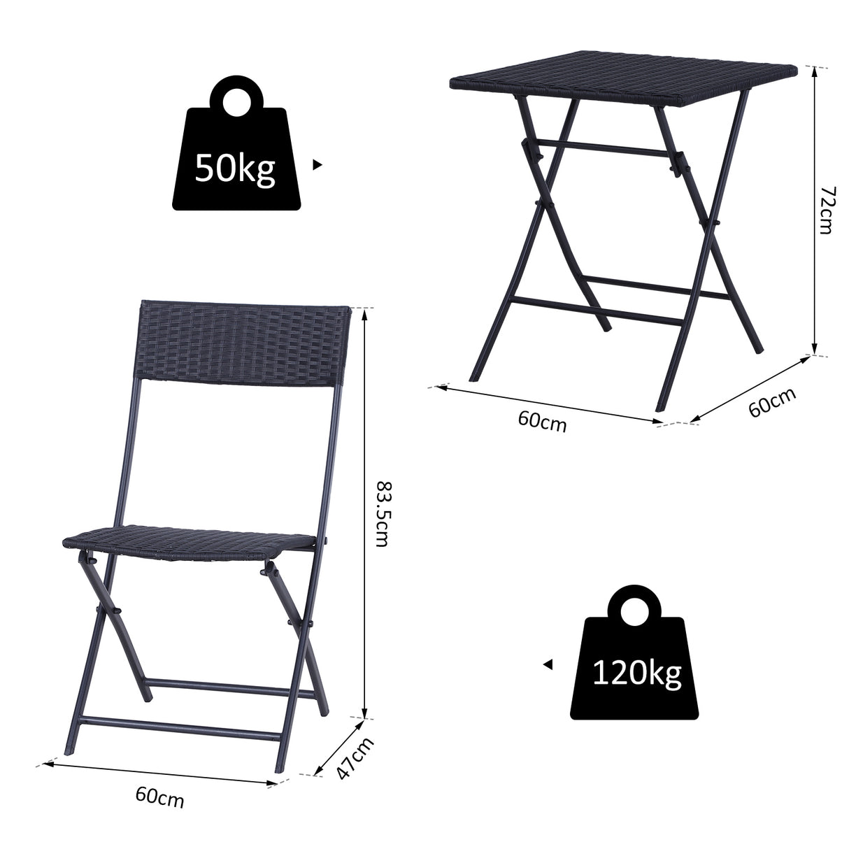 easycomfort easycomfort mobili da giardino in rattan set 1 tavolino e 2 sedie da giardino pieghevoli 3pz nero