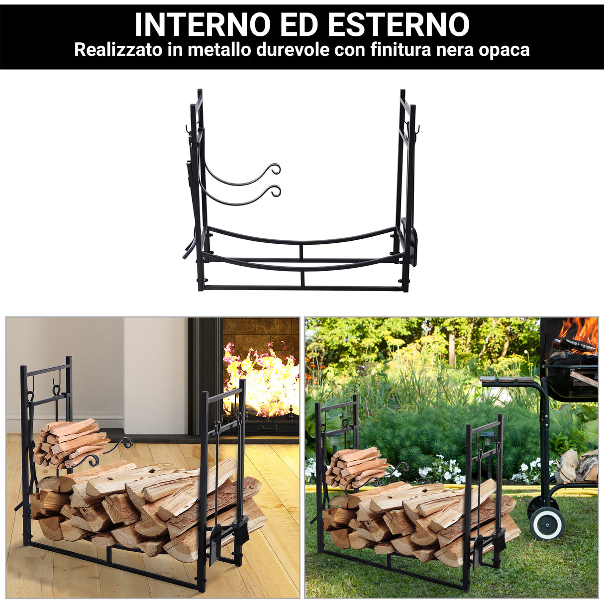 easycomfort portalegna da interno ed esterno in metallo con paletta scopa attizzatoio e pinza nero 84x33x76cm