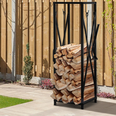 easycomfort portalegna da interno ed esterno salvaspazio in metallo con paletta scopino attizzatoio e pinza 34x34x111cm nero