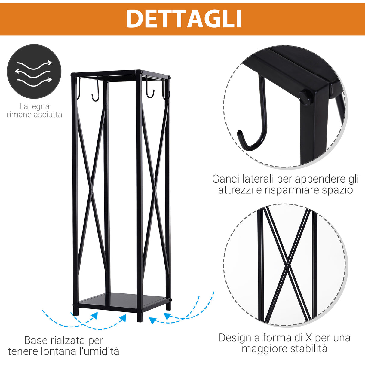 easycomfort portalegna da interno ed esterno salvaspazio in metallo con paletta scopino attizzatoio e pinza 34x34x111cm nero