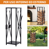 easycomfort portalegna da interno ed esterno salvaspazio in metallo con paletta scopino attizzatoio e pinza 34x34x111cm nero