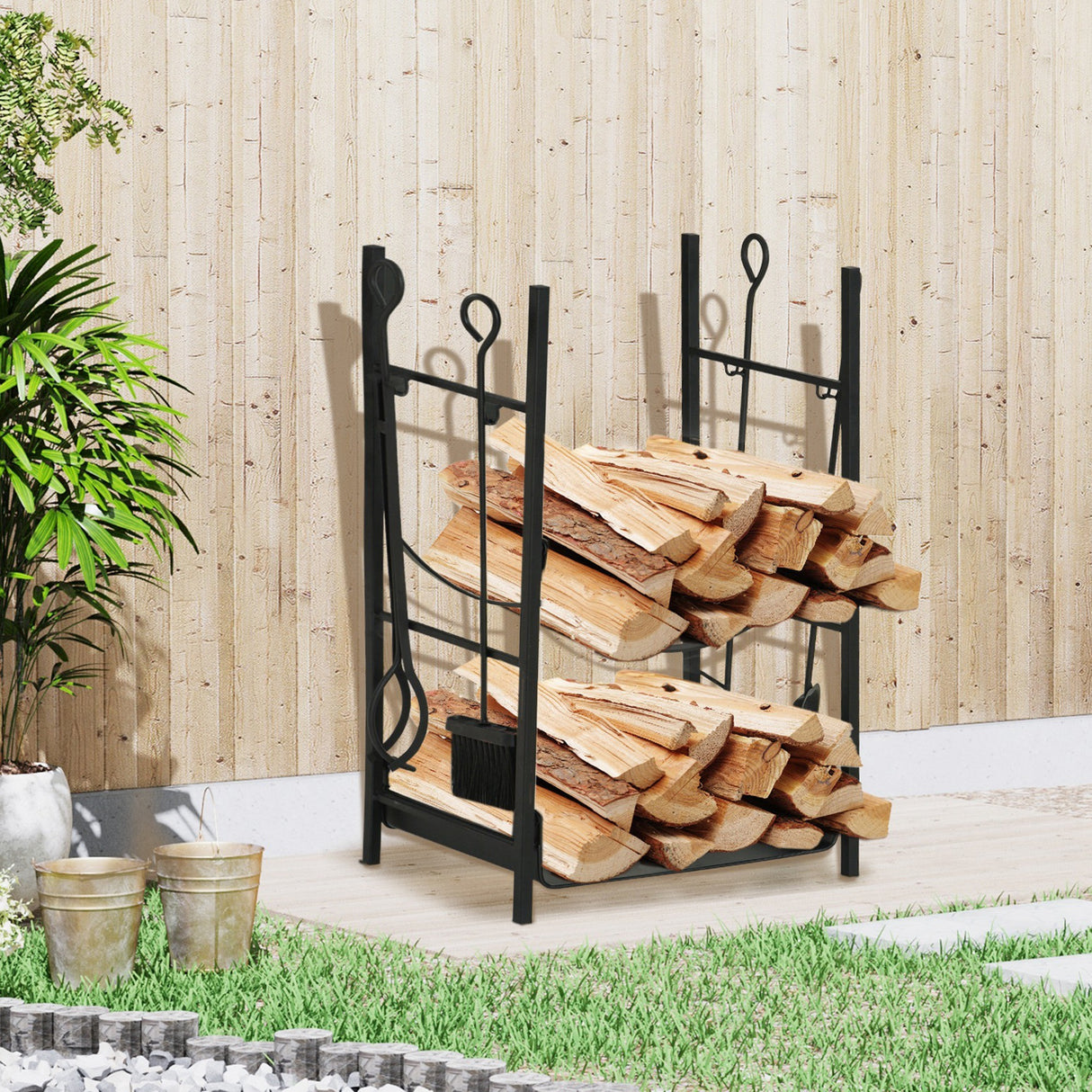easycomfort portalegna da interno ed esterno in metallo con paletta scopa attizzatoio e pinza nero