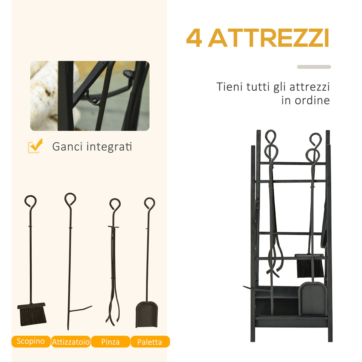 easycomfort portalegna da interno ed esterno in metallo con paletta scopa attizzatoio e pinza nero