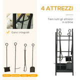 easycomfort portalegna da interno ed esterno in metallo con paletta scopa attizzatoio e pinza nero