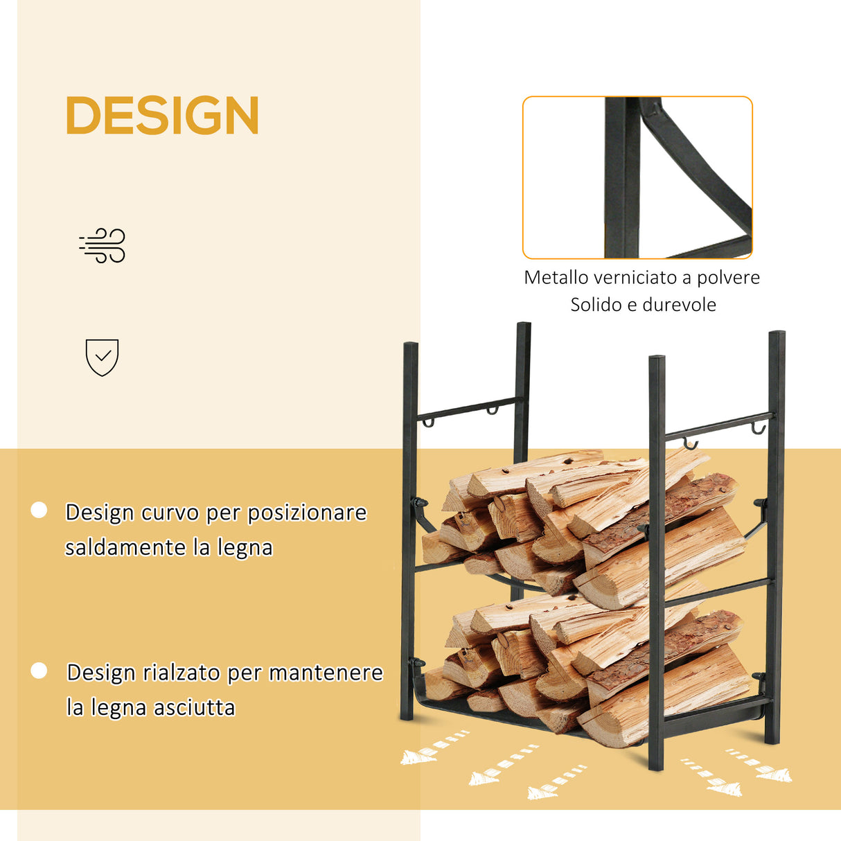 easycomfort portalegna da interno ed esterno in metallo con paletta scopa attizzatoio e pinza nero