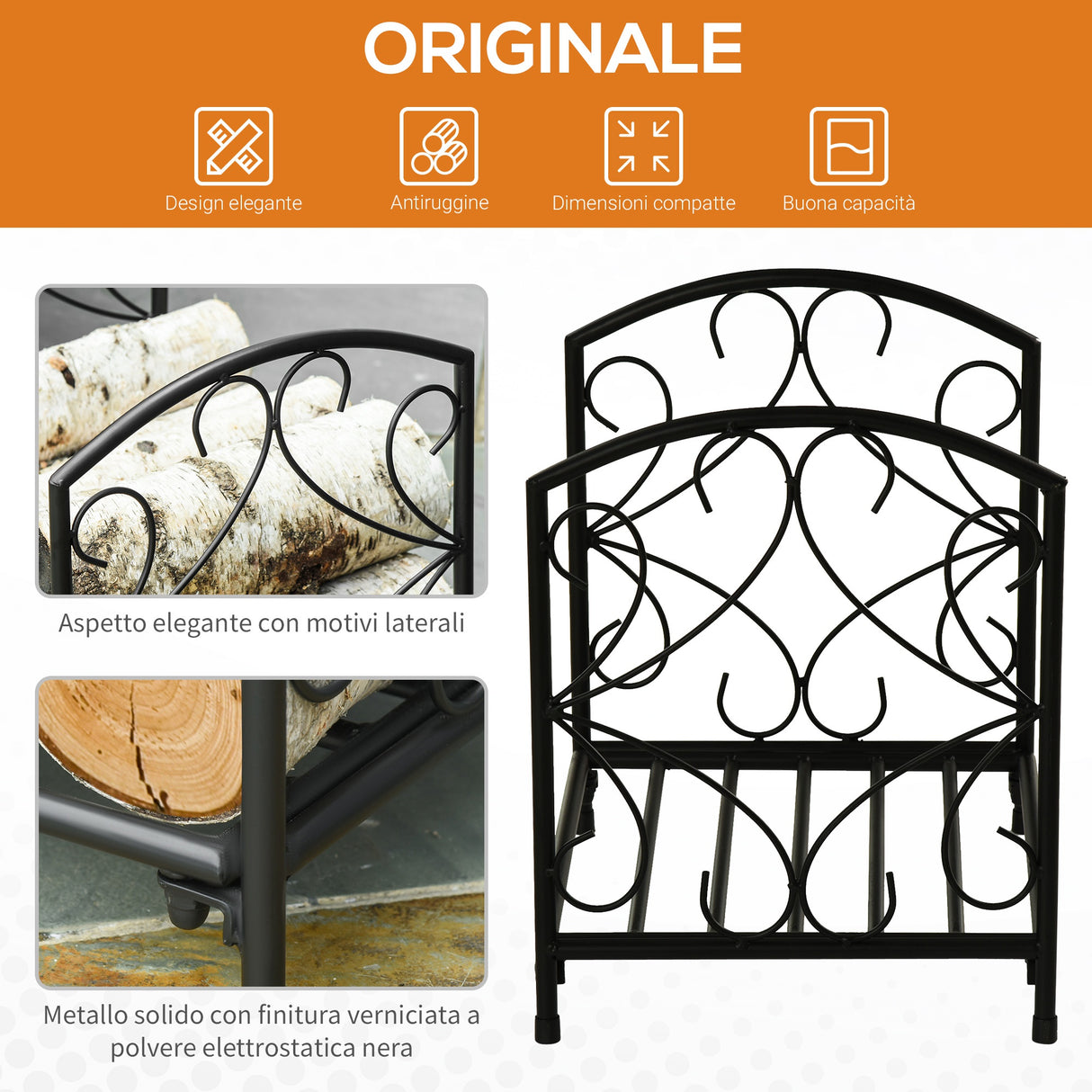 easycomfort portalegna per camino da interno ed esterno in metallo con base rialzata per 50kg di legna 39.5x31.5x39.5cm nero