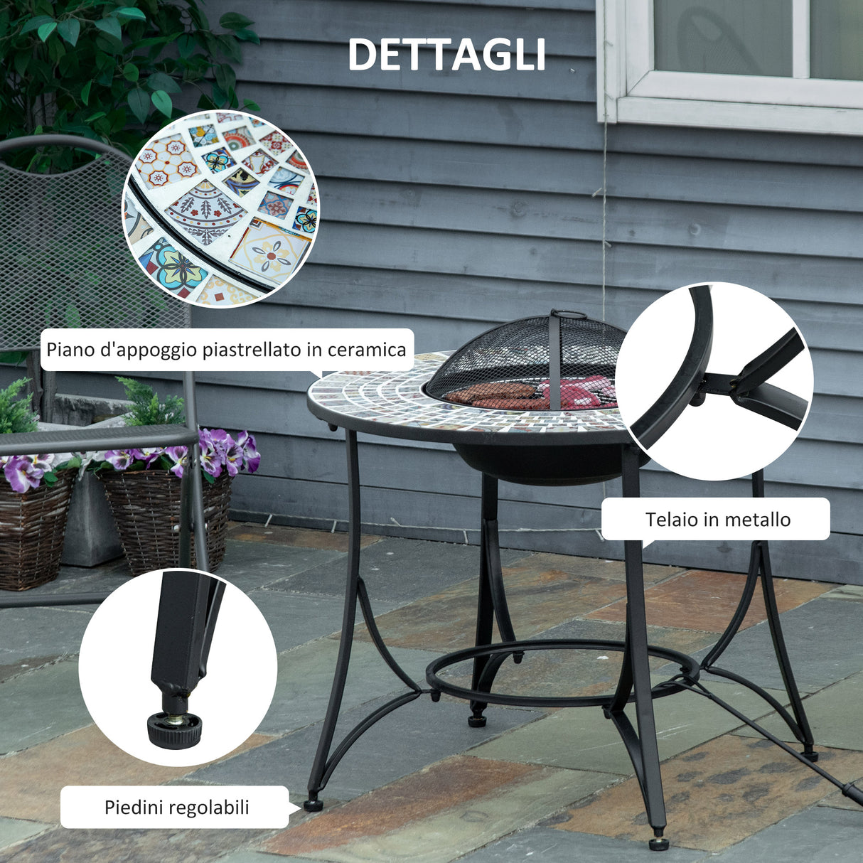 easycomfort braciere da esterno 3 in 1 con tavolino griglia per barbecue e attizzatoio metallo e ceramica 75x75x60cm