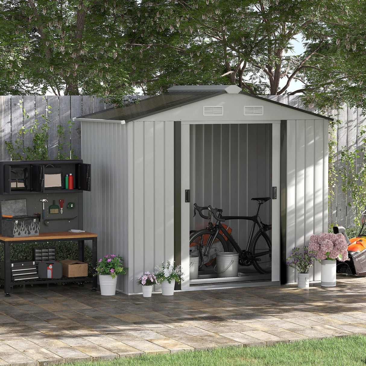 easycomfort casetta porta utensili in acciaio capanno da giardino con porte scorrevoli 213x130x185 cm bianco