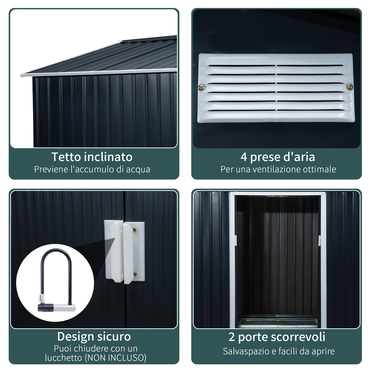 easycomfort casetta da giardino a 2 porte scorrevoli e 4 prese d aria in acciaio e pp 277x195x192cm grigia