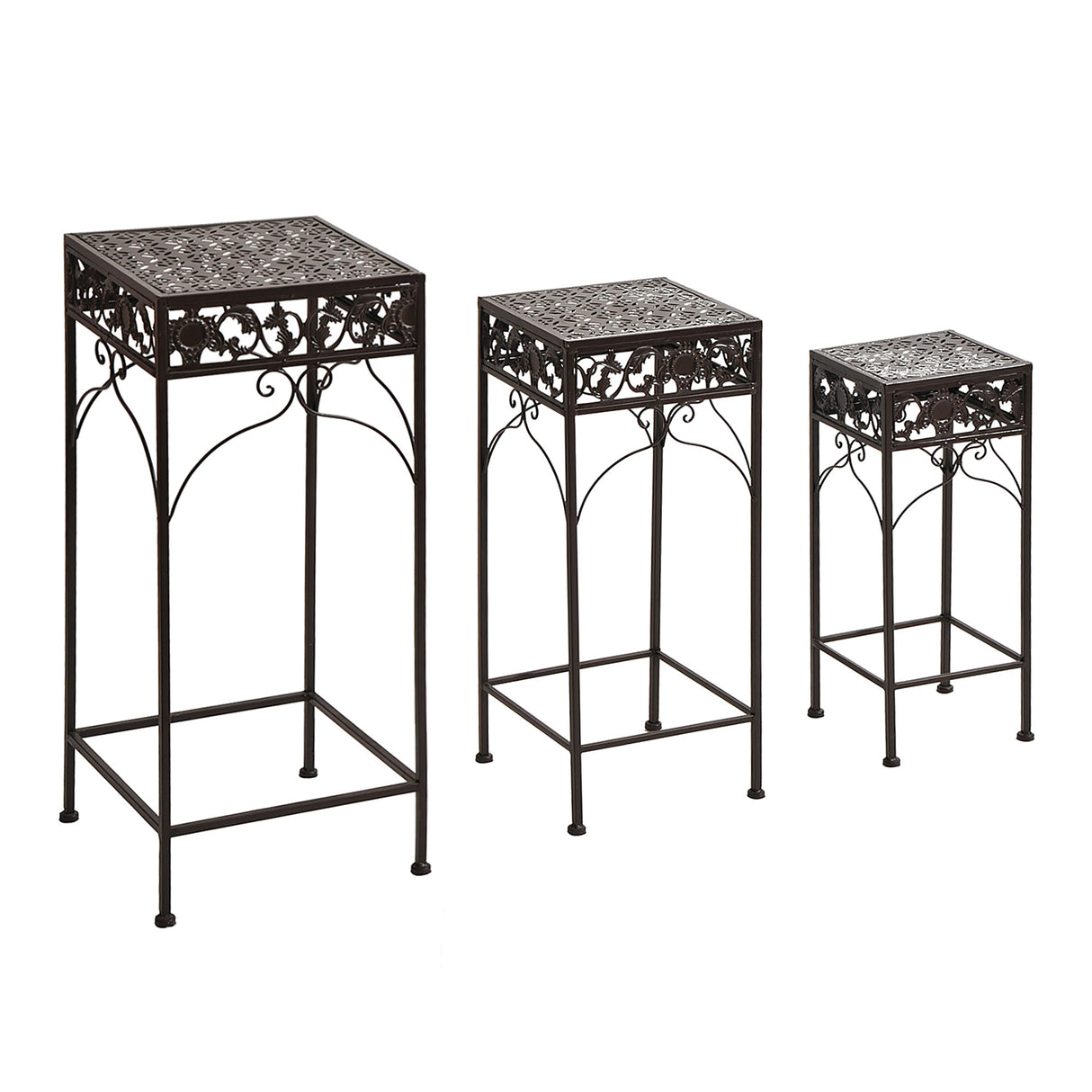easycomfort easycomfort set 3 pezzi piedistallo porta piante in ferro battuto marrone