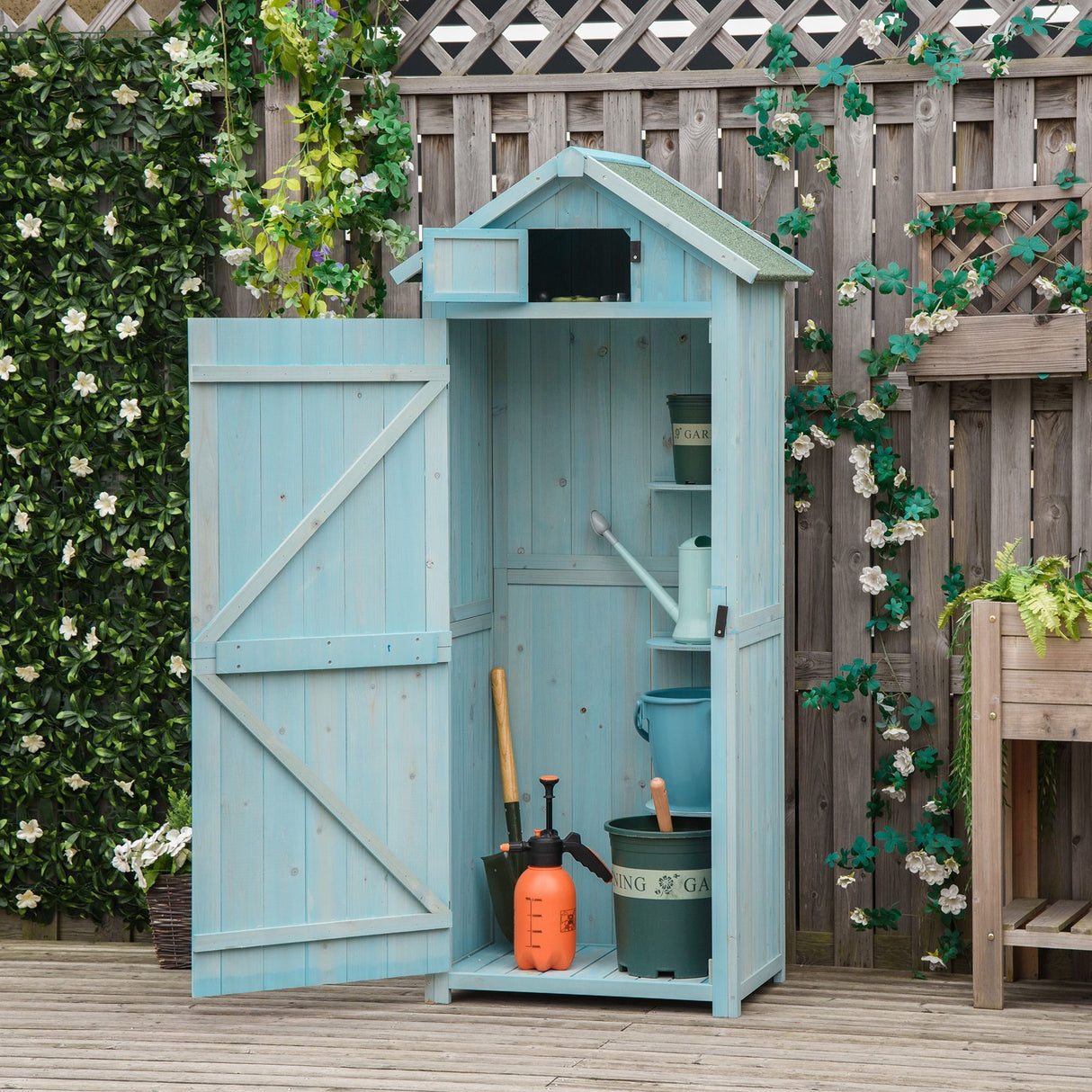 easycomfort casetta da giardino porta attrezzi in legno con 3 ripiani 77x54.2x179cm blu