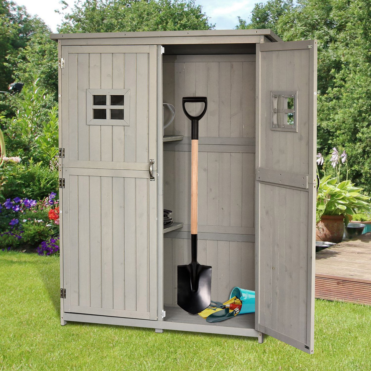 easycomfort casetta da giardino legno con porta doppia mensole e finestre 127.5x50x164cm