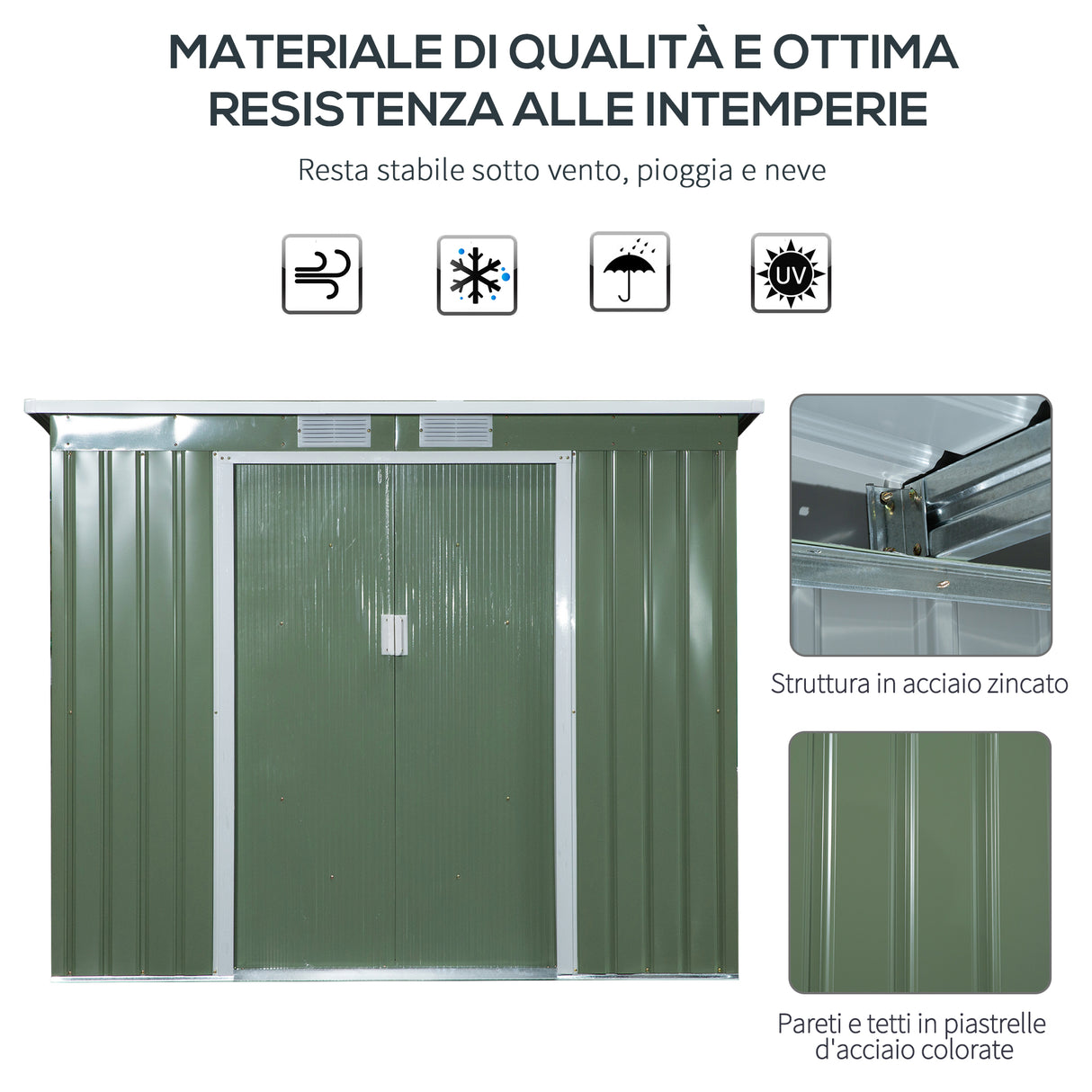 easycomfort casetta da giardino in acciaio con doppia porta scorrevole e prese d aria 213x130x173 cm verde