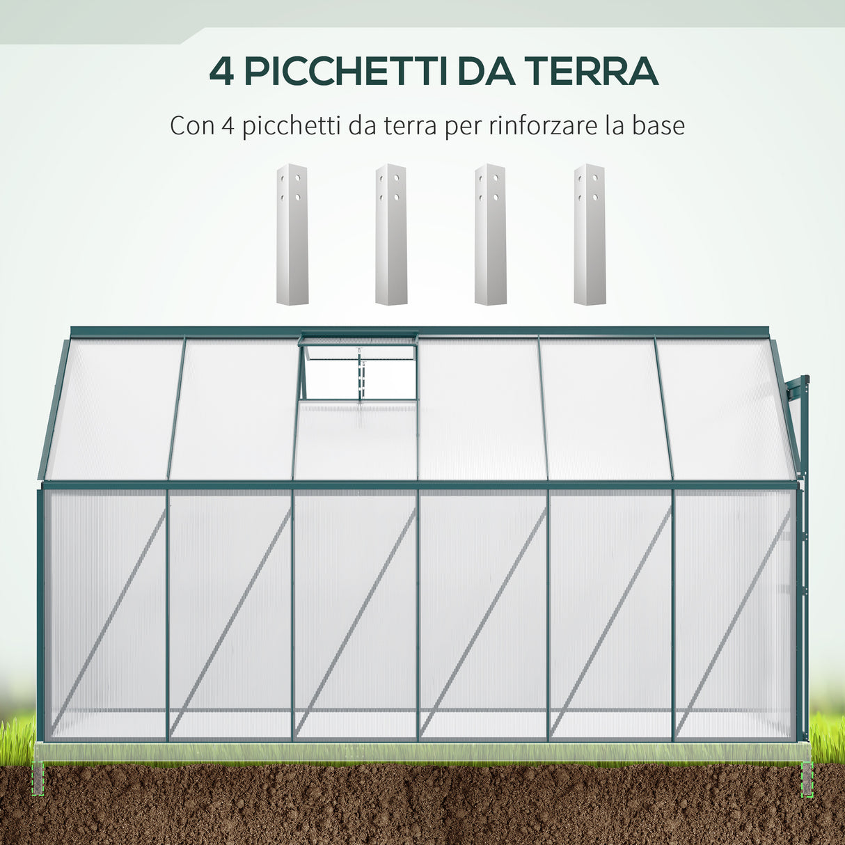 easycomfort serra da giardino in policarbonato 190x375x199cm con finestra apribile e porta scorrevole struttura in alluminio verde