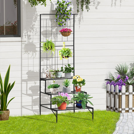 easycomfort easycomfort scaffale portapiante con 3 ripiani e pannello verticale per piante rampicanti in metallo nero