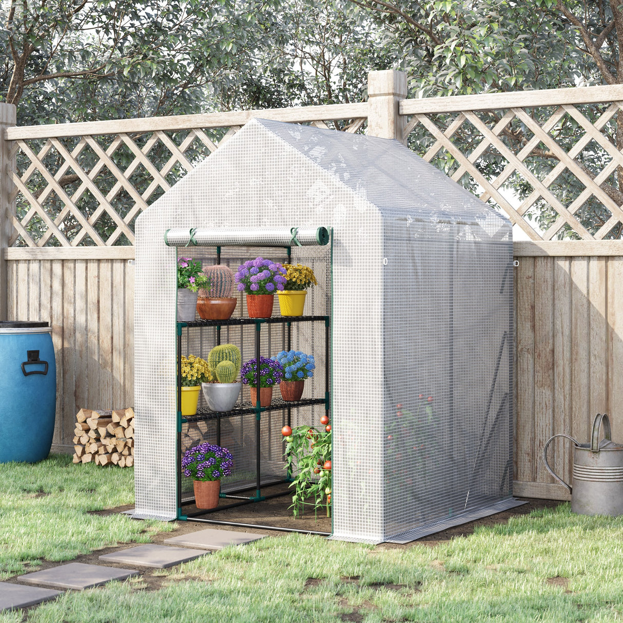 easycomfort serra da giardino per esterni in acciaio e pe con 2 scaffali e porta avvolgibile 143x143x195 cm bianco