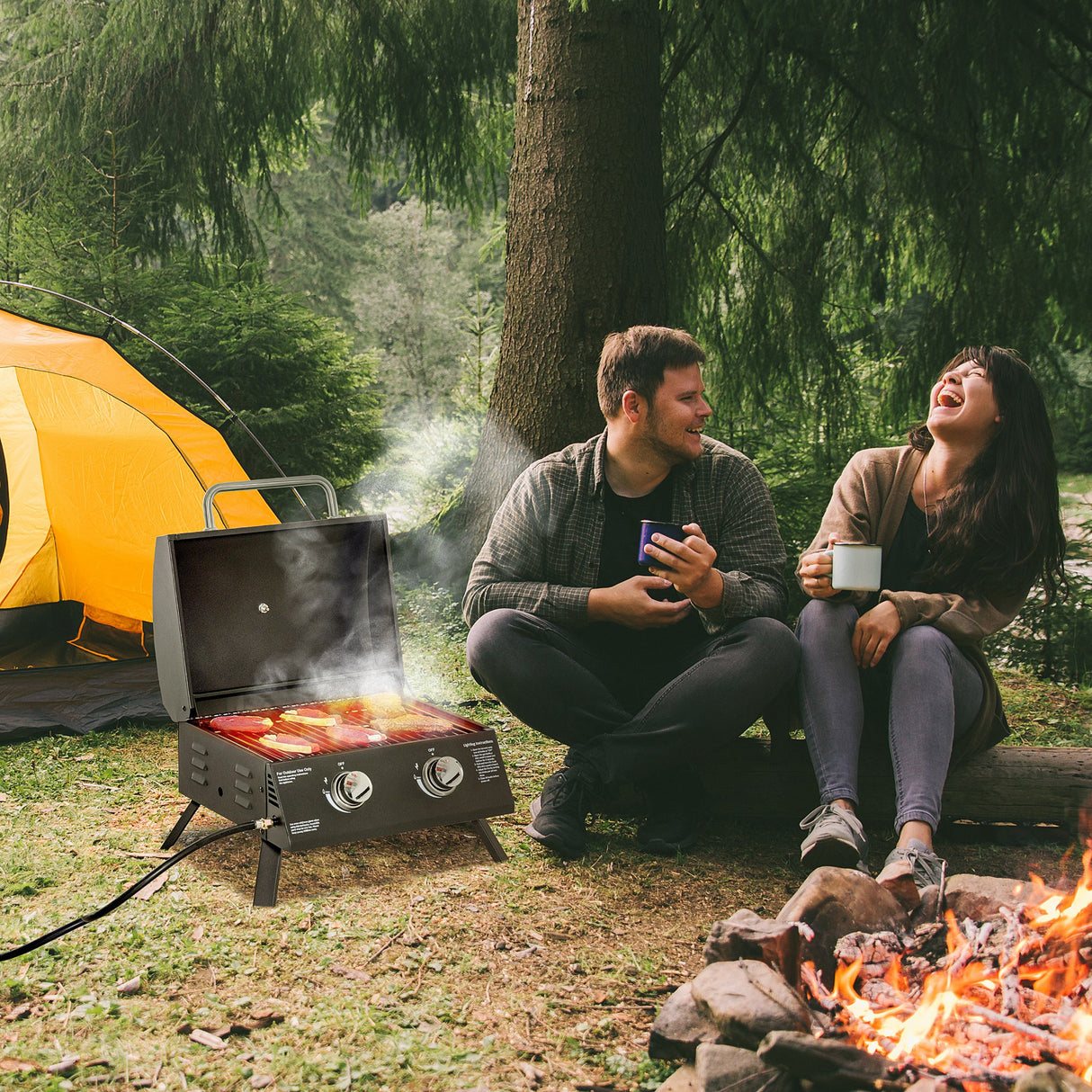 easycomfort barbecue a gas pieghevole con coperchio termometro e 2 bruciatori in acciaio 55x46.5x41cm nero