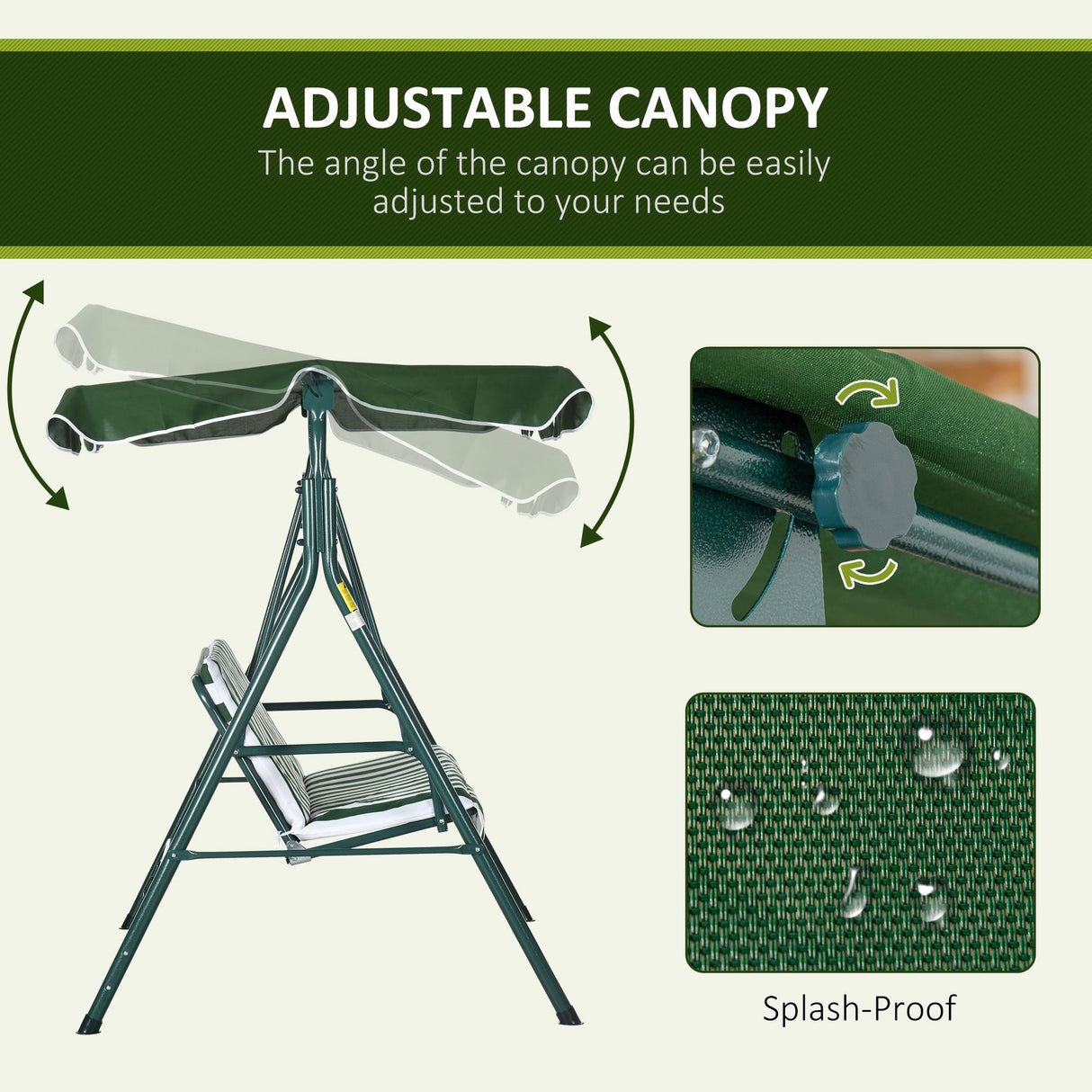 easycomfort easycomfort dondolo da giardino 3 posti in acciaio e teslin con tetto parasole 172x110x153 cm bianco e verde