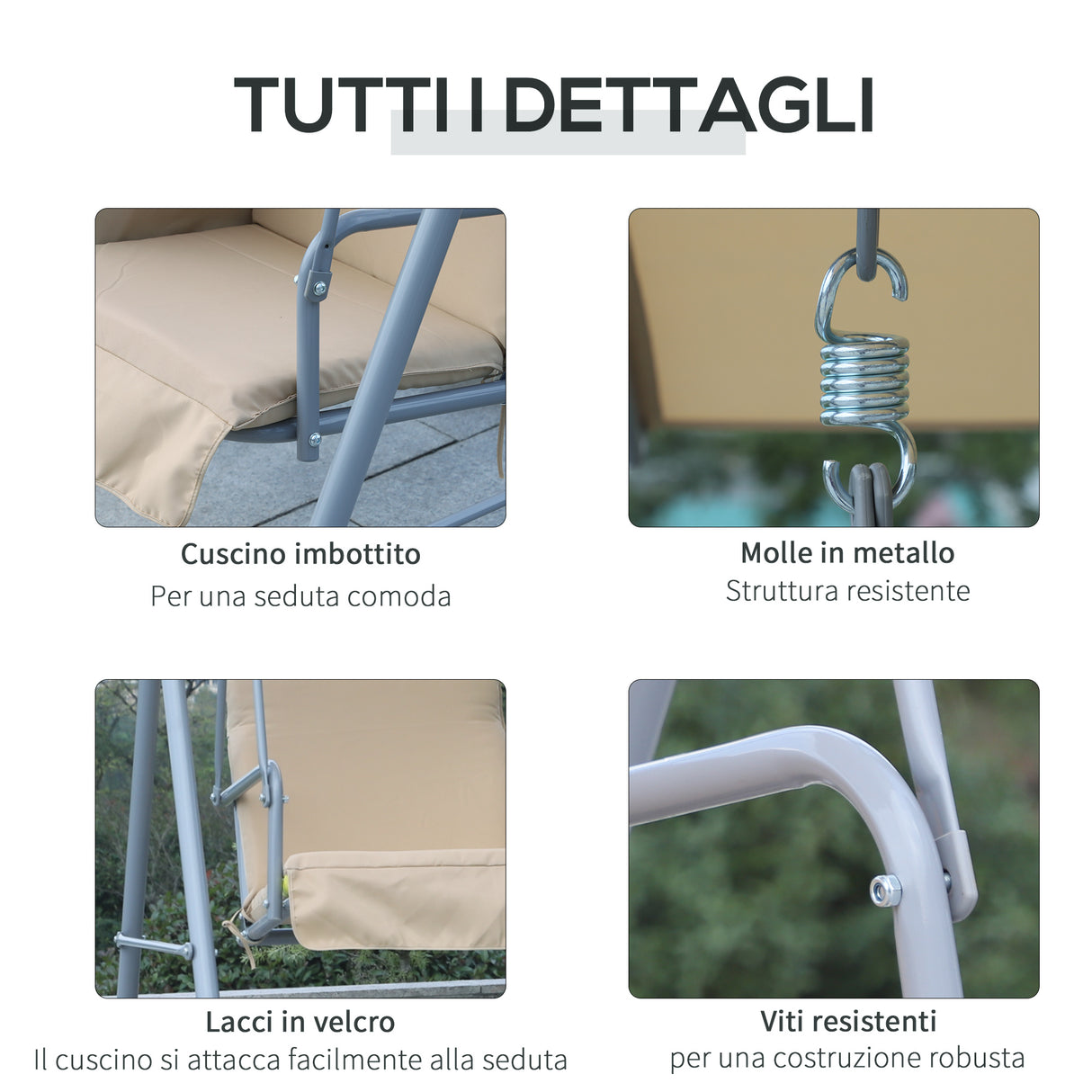 easycomfort dondolo da giardino 2 posti separati con tavolino e tetto regolabile in metallo 175x112x165cm beige