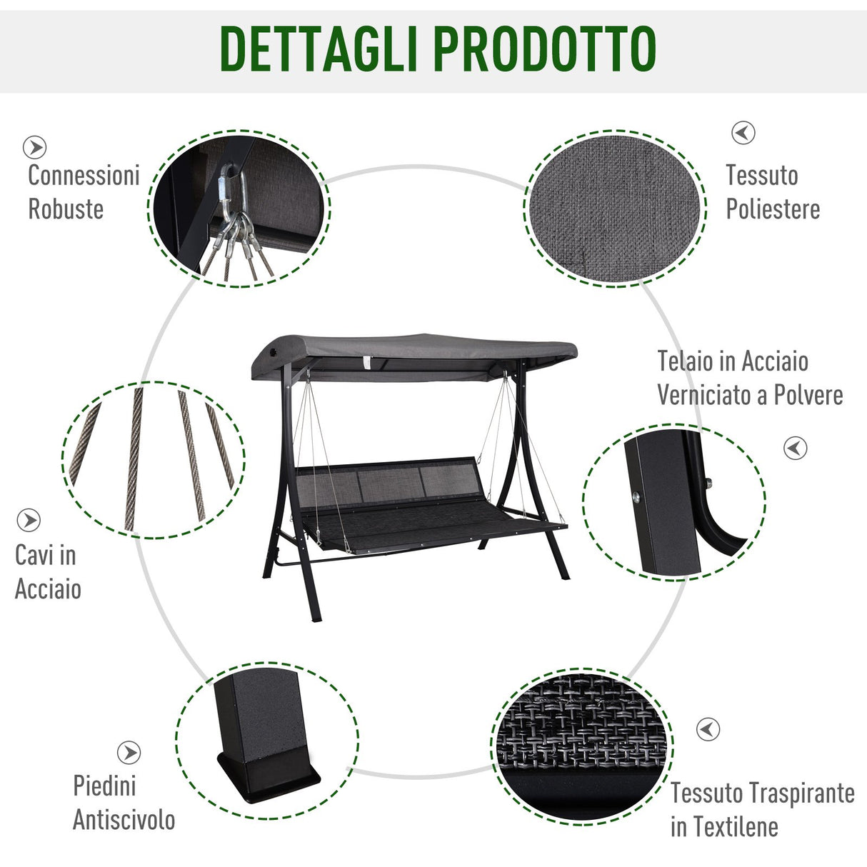 easycomfort easycomfort dondolo reclinabile 3 posti in tessuto con cuscini e tetto regolabile grigio 200 x 115 x 168 cm