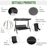 easycomfort easycomfort dondolo reclinabile 3 posti in tessuto con cuscini e tetto regolabile grigio 200 x 115 x 168 cm