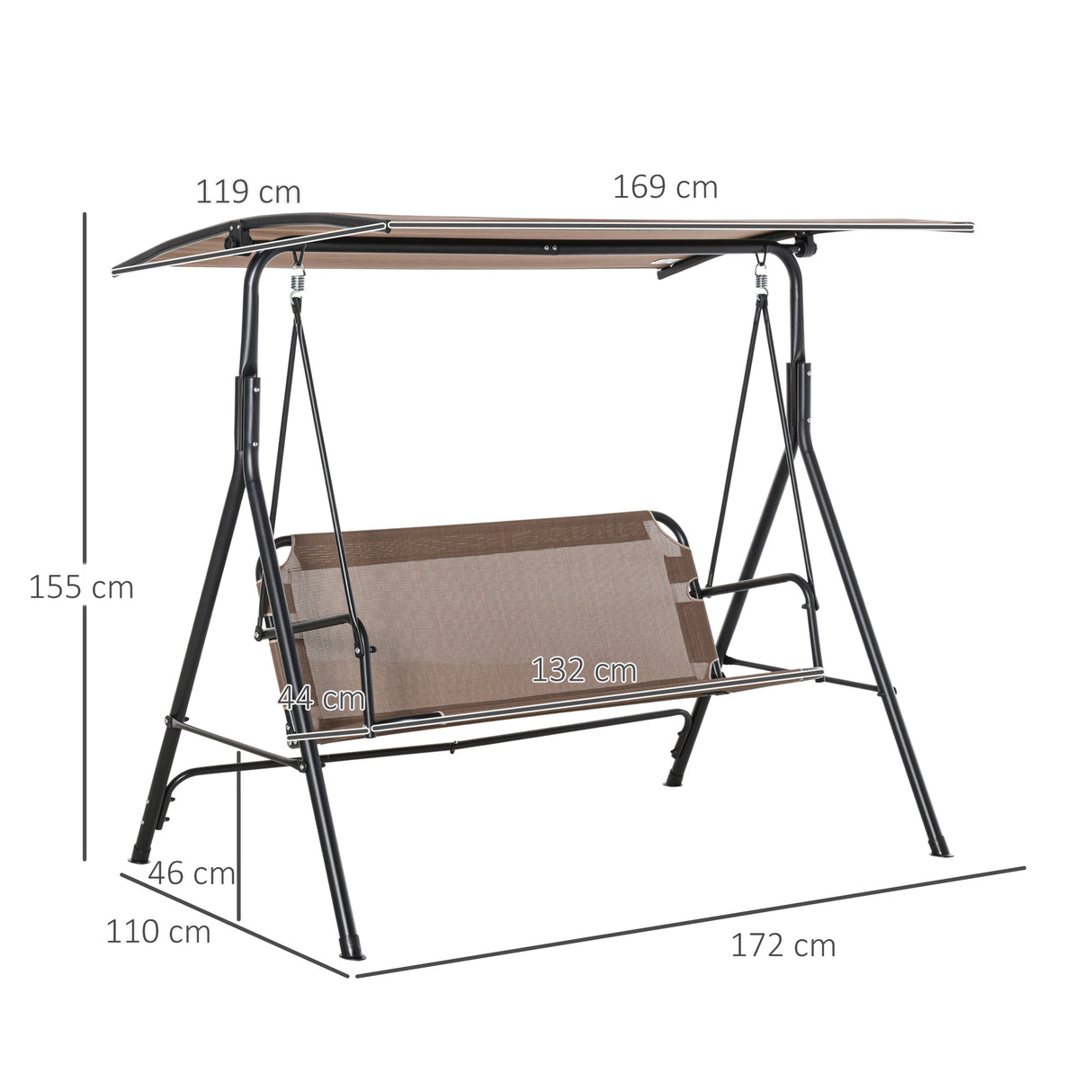 easycomfort easycomfort dondolo da giardino terrazza 3 posti con tettuccio regolabile in metallo e texteline 172x110x155cm marrone