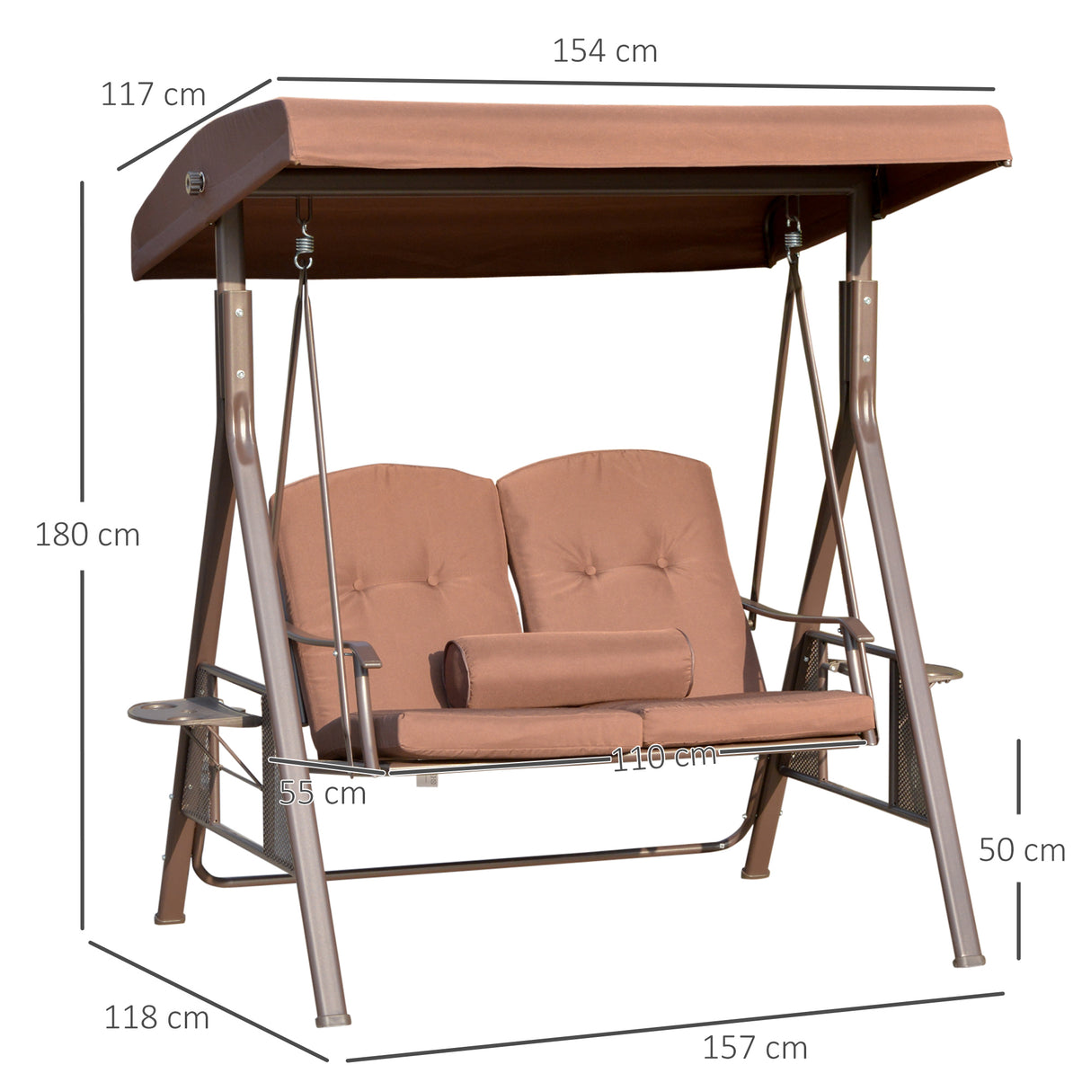 easycomfort dondolo da giardino 2 posti con tettuccio regolabile e porta bicchieri 157x118x180 cm marrone
