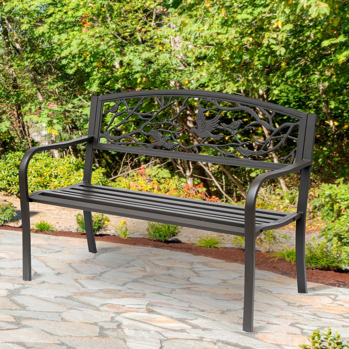 easycomfort easycomfort panchina da esterno in ghisa con schienale con decorazioni 127x60cm marrone