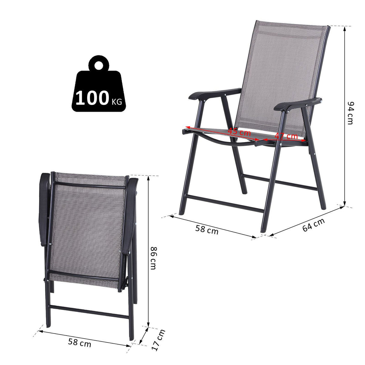 easycomfort easycomfort set 2 sedie pieghevoli da esterni in acciaio e textilene grigio e nero