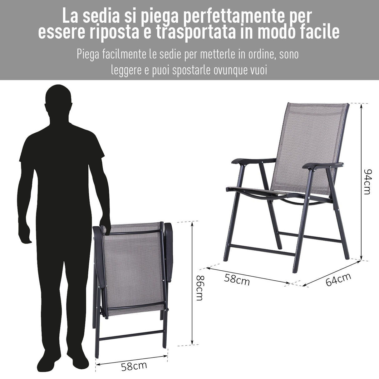 easycomfort easycomfort set 2 sedie pieghevoli da esterni in acciaio e textilene grigio e nero