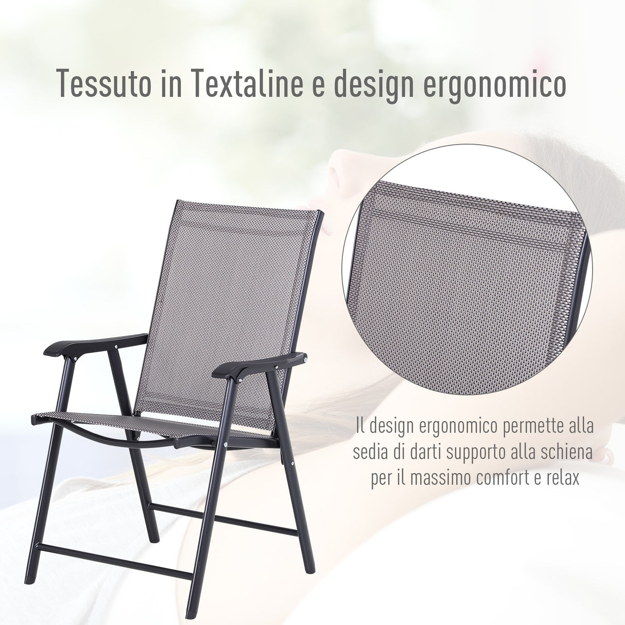 easycomfort easycomfort set 2 sedie pieghevoli da esterni in acciaio e textilene grigio e nero