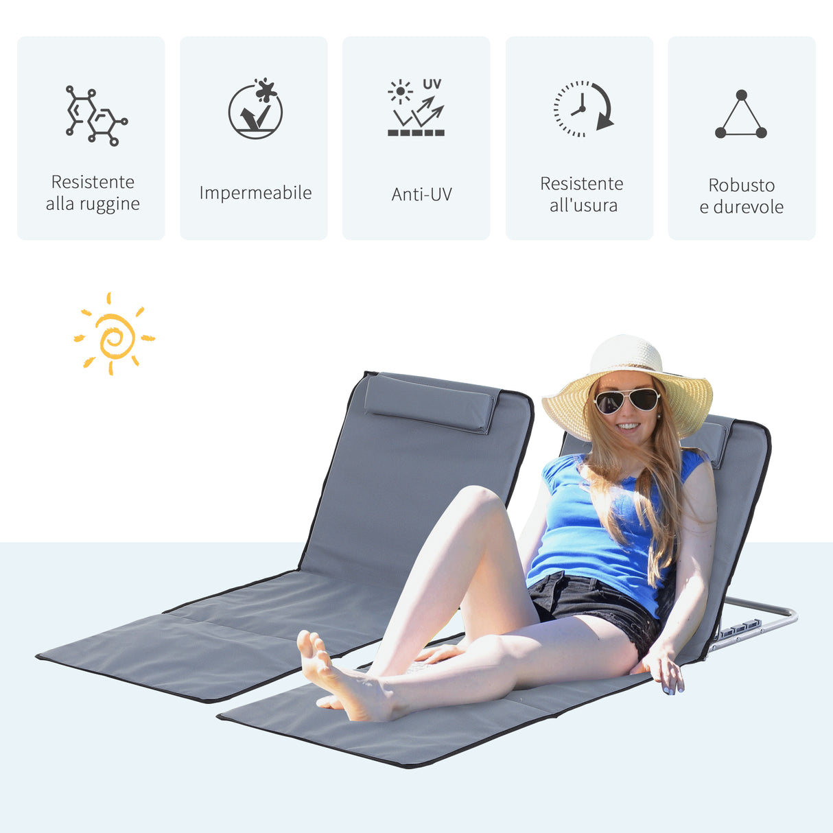 easycomfort easycomfort set 2 materassini da spiaggia pieghevoli con schienale regolabile grigio