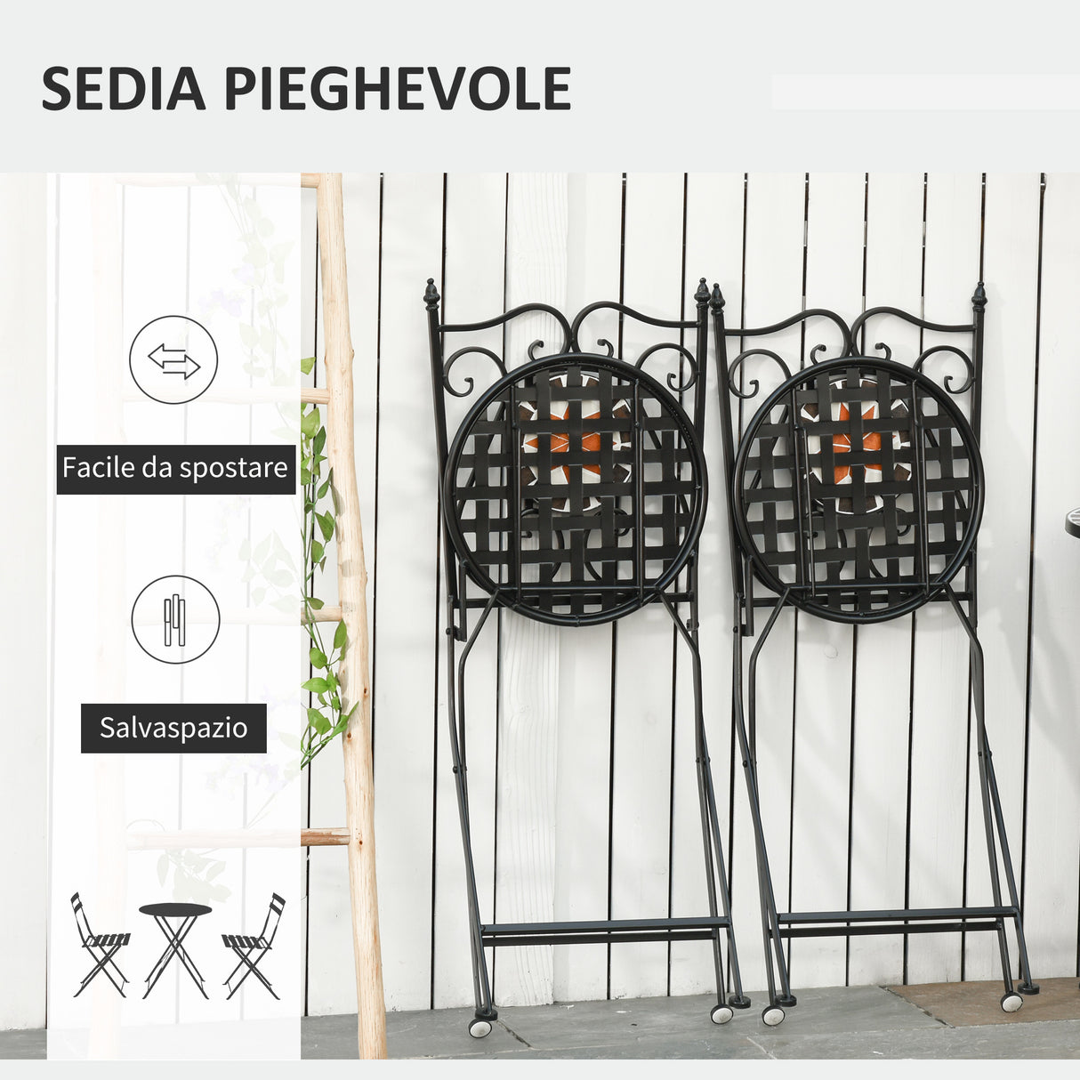 easycomfort mobili da giardino set da 3 pezzi con 2 sedie pieghevoli e 1 tavolino in metallo e ceramica